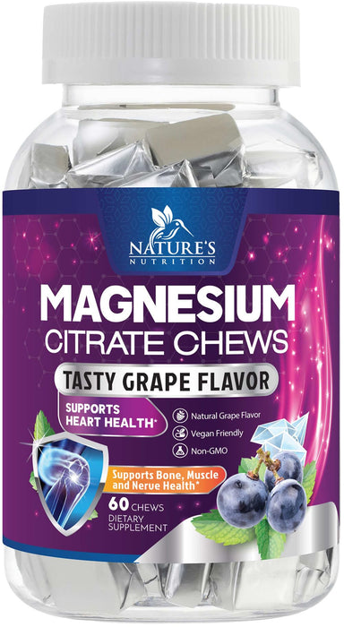 Magnesium Citrate Supplement Gummies 100mg - High Absorption Magnesium Citrate Soft Chews for Heart, Muscle, Calm, & Nerve Health Support, Vegan Chewable Gummies for Adults, Grape-Flavor - 60 Count