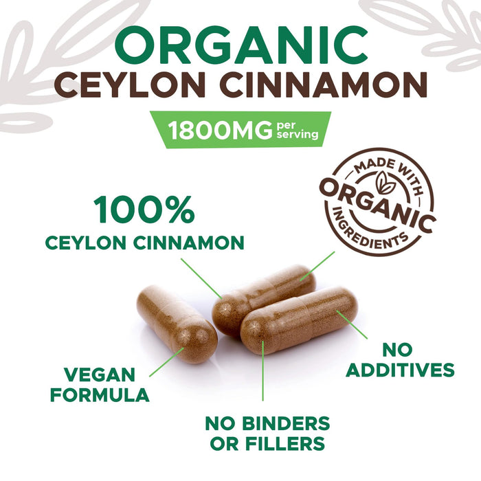 Ceylon Cinnamon Capsules 1800mg - Certified Organic Ceylon Cinnamon Powder Supplement, Bottled in USA, Extra Strength Energy & Heart Support Pills, Non-GMO & Gluten Free, Sugar Free - 180 Capsules