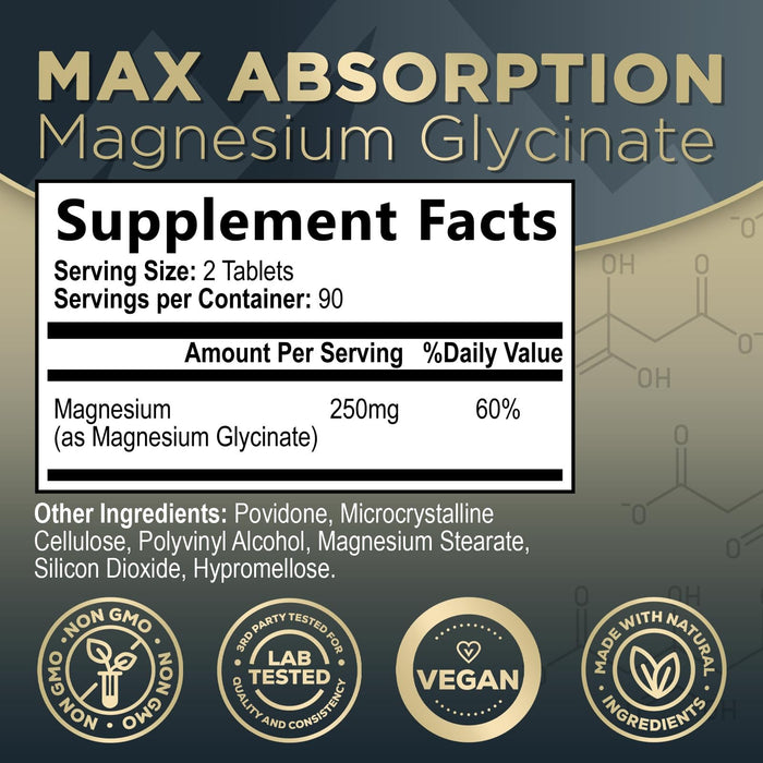 Magnesium Glycinate Chelated for Max Absorption - Supports Bone, Muscle, Nerves & Heart Health, Nature's Sleep and Stress Support, Best Magnesium Supplement Pills for Whole Body Support - 180 Tablets