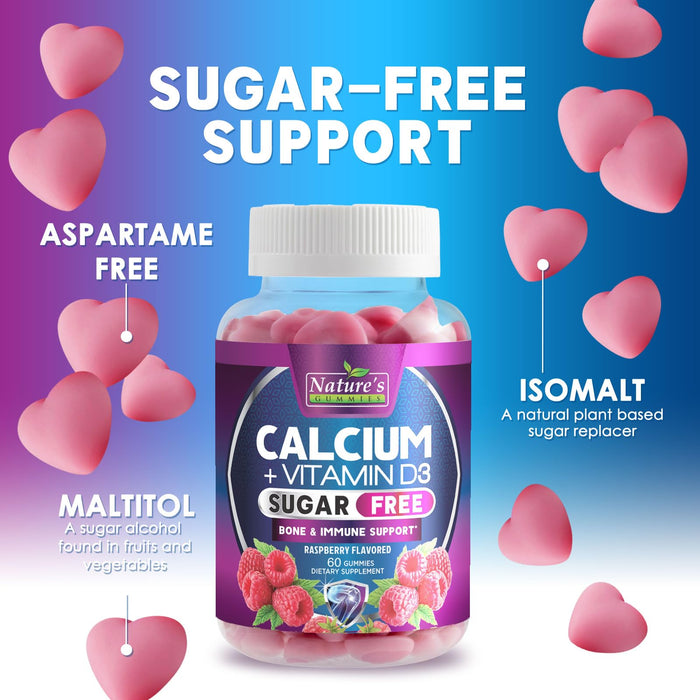 Sugar Free Chewable Calcium Gummy Vitamins - Plus 400 IU Vitamin D3 for Bone, Teeth, & Immune Health Support - Calcium Supplements for Women & Men Daily, Non-GMO, Berry Flavored - 60 Gummies