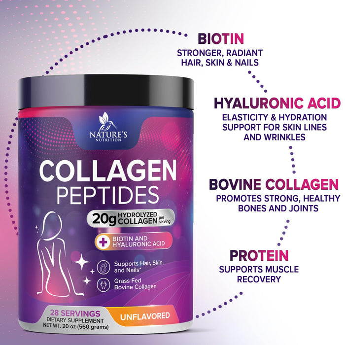Collagen Peptides Powder for Women & Men - Hydrolyzed Type 1 & 3 Collagen Powder & Hyaluronic Acid - Vital Support for Hair, Nail, Skin, Bone & Joint Health - Zero Sugar, Unflavored - 28 Servings