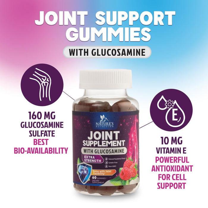 Joint Support Gummies Glucosamine Plus Vitamin E - Nature's Joint Support Supplement for Occasional Discomfort for Back, Knees & Hands - Cartilage & Joint Health & Flexibility Support - 60 Gummies