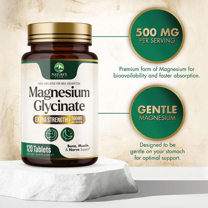 Magnesium Glycinate 500mg - Chelated for Ultra Absorption - Supports Bone, Muscle, Nerves & Heart Health, Nature's Sleep Support, Best Magnesium Supplement Pills for Whole Body Support - 120 Tablets