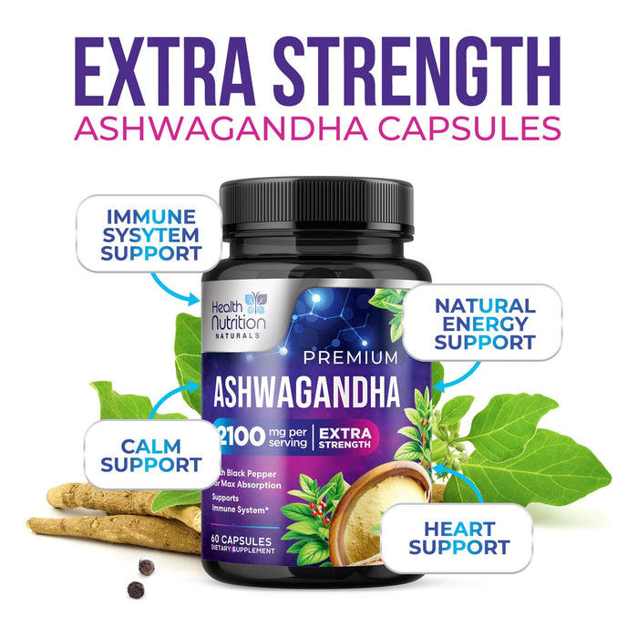 Ashwagandha Supplement 2100mg - Extra Strength Herbal Root Extract, Best Ashwagandha Supplements for Men & Women, Restore, Unwind, Calm Support Formula, Vegetarian, Non-GMO, Gluten-Free, 60 Capsules