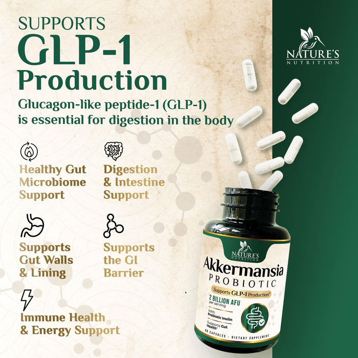 Akkermansia Probiotic Supplement for Women & Men, Akkermansia Muciniphila GLP 1 Probiotics with Prebiotic, 2 Billion AFU, Natural Digestive, Gut Health, & GLP 1 Production Support, 60 Capsules