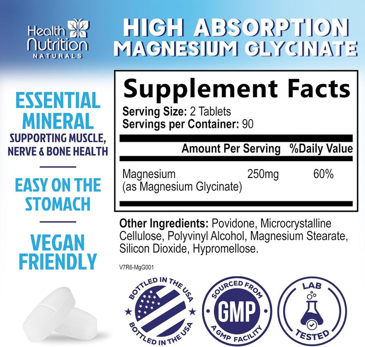 Magnesium Glycinate 250mg - 100% Chelated Magnesium for Max Absorption - Sleep Support, Muscle, Nerves, Bone & Heart Health Support, Best Mag Supplement, Vegan Non-GMO, 3rd Party Tested - 180 Tablets
