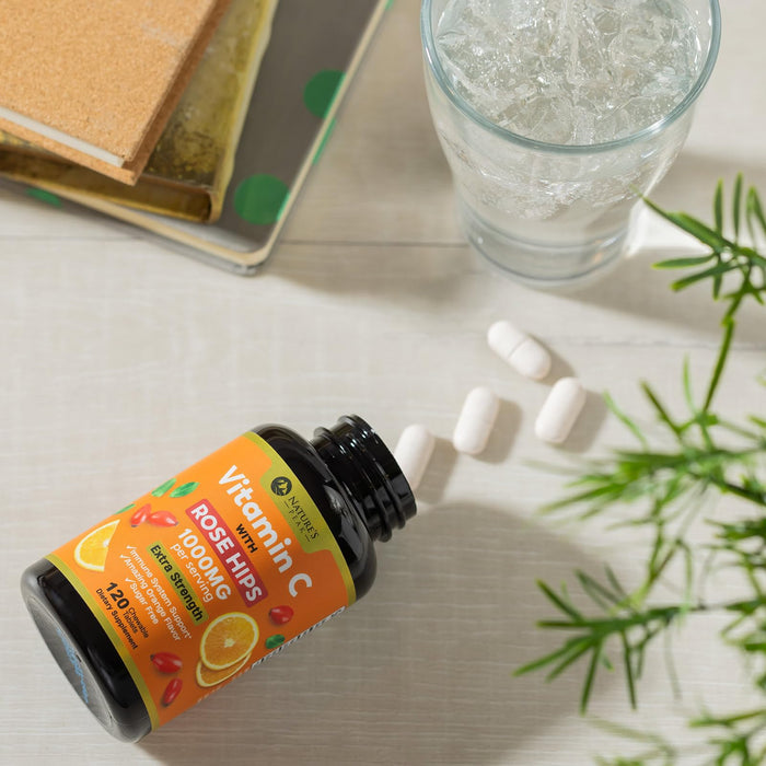 Vitamin C 1000mg Chewable Supplement - Extra Strength Immune Support Vitamin C Dietary Supplement with Rose HIPS, Nature's VitaminC Antioxidant Support, Natural, Vegan, Orange Flavor - 120 Tablets