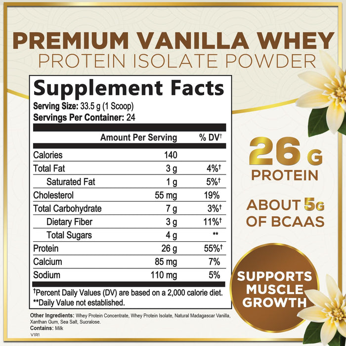 100% Whey Protein Powder, Creamy Vanilla Whey Isolate 26g Protein & BCAAs - Support Muscle Growth, Recovery & Fitness - Gluten Free, Fast Absorbing, Easy Digesting - Women & Men - 24 Servings