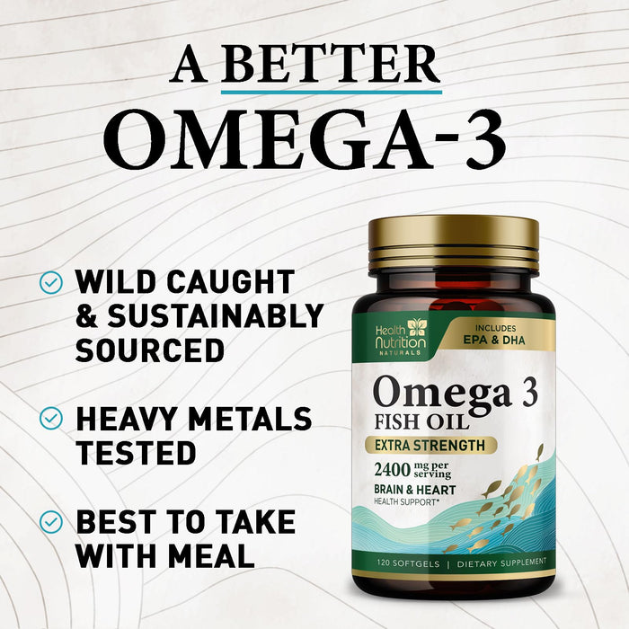 Omega 3 Fish Oil Triple Strength 1200 mg, Omega-3 Supplements, Natural Brain Heart Health & Immune Support - Fatty Acids with EPA & DHA - Wild Caught Purified Fish Oil Supplement - 120 Softgels