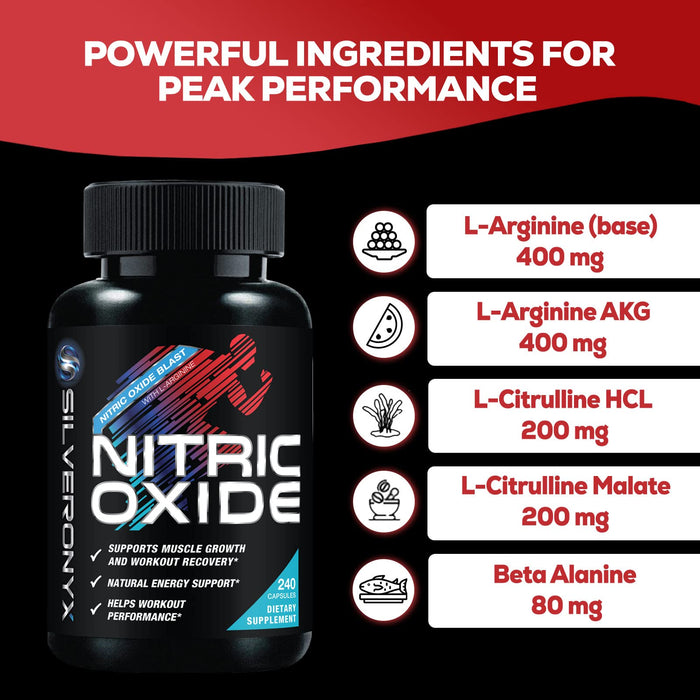 Extra Strength Nitric Oxide Supplement 3X Strength L Arginine, Citrulline Malate, AAKG, Beta Alanine - Premium Muscle Supporting Nitric Booster - Natural Energy & Heart Health Support - 240 Capsules