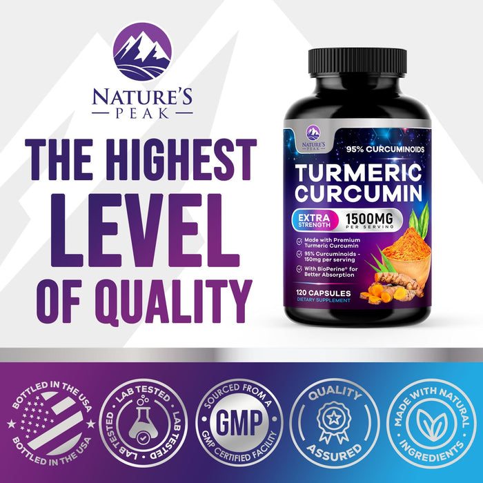 Turmeric Curcumin Supplement with BioPerine 95% Curcuminoids 1500mg with Black Pepper for Best Absorption - Best Natural Vegan Joint Support - Bottled in USA, Non-GMO, Organic Tumeric - 120 Capsules