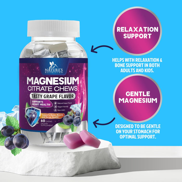 Magnesium Citrate Supplement Gummies 100mg - High Absorption Magnesium Citrate Soft Chews for Heart, Muscle, Calm, & Nerve Health Support, Vegan Chewable Gummies for Adults, Grape-Flavor - 60 Count