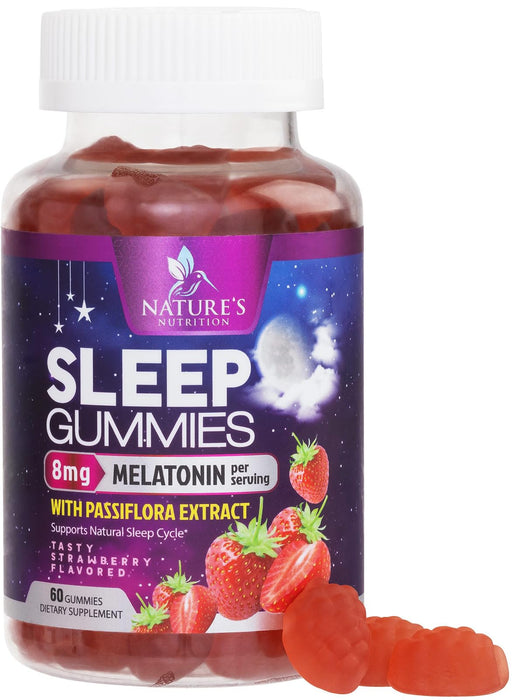 Melatonin Sleep Gummies - 8 mg Melatonin Extra Strength with 20mg Passiflora Sleeping Gummy Supplements, Sleep Gummies for Adults, Occasional Sleeping Support Supplement, Non-Habit Forming - 60 Count