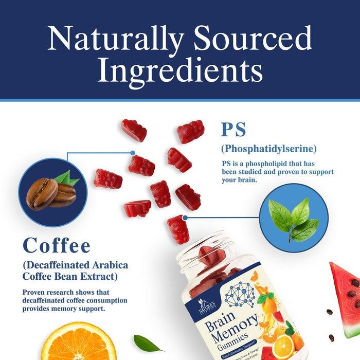Brain Supplements Gummies for Memory, Focus, Concentration - Brain Gummy Vitamin Plus Nootropics, Phosphatidylserine, B6 & B12, Caffeine Free Nootropic, Clarity Support Supplement - 60 Gummies