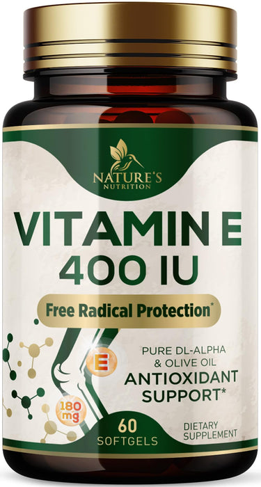 Vitamin E 400 IU Softgels (180mg DL-Alpha) for Women & Men, Supplement for Max Absorption, Nature's Antioxidant for Skin, Heart, Eye, and Immune Health Support, Dairy, Gluten & Soy Free, 60 Softgels