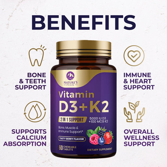 Vitamin D3 K2 - 5000 iu Vitamin D3 & 100 mcg Vitamin K2 (MK-7) Complex for Immune Support - Bone, Teeth & Muscle Health Support - Berry Chewable, Gluten Free, Non-GMO, Made in USA - 60 Tablets