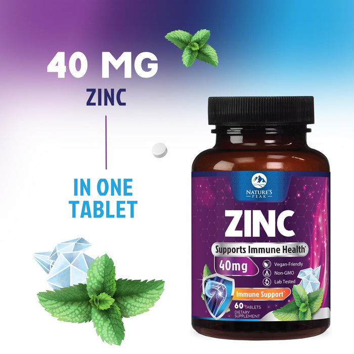 Zinc Supplement 40mg - Immune Support for Women & Men - High Potency Antioxidant, Chelated for Superior Absorption, Dietary Supplement Vitamin for Immune Health Support - 60 Tablets (60 Day Supply)