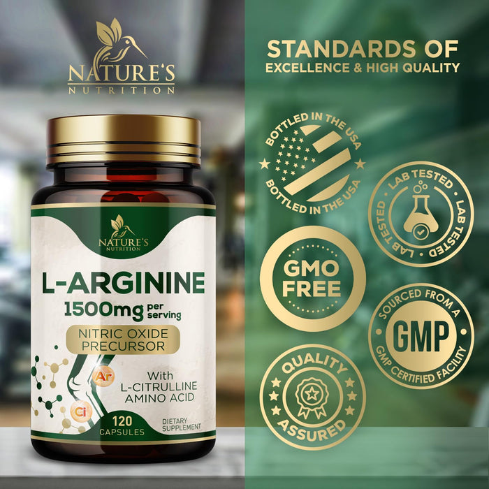 L-Arginine Supplement 1000mg with L-Citrulline - Heart Health Support - Muscle Supporting Nitric Oxide Precursor Booster for Extra Strength - Non-GMO Amino Acid Energy Blend For Men - 120 Capsules