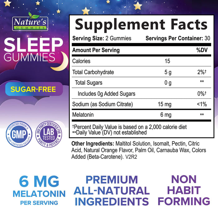 Sleep Gummies 6mg - Melatonin Gummy for Adults, Sugar Free, Natural Sleeping Gummy for Adults, Kids, Orange Flavored, Vegan, Non-GMO, Extra Strength Sleep Vitamin Support Supplement - 60 Gummies