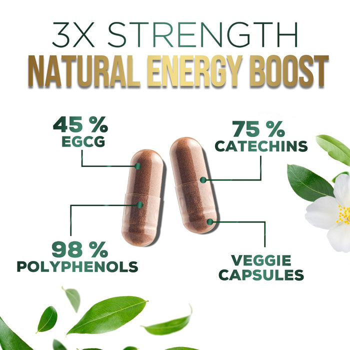Green Tea Extract Capsules 1000mg with 98% Standardized Polyphenols & 45% EGCG for Heart Support with Antioxidants - 3X Absorption Green Tea Pills for Natural Energy, Gentle Caffeine - 60 Capsules