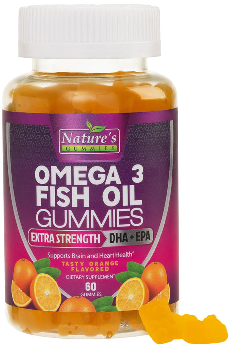 Omega 3 Fish Oil Gummies, Heart Healthy Omega 3 Gummy Supplement with High Absorption DHA & EPA, Extra Strength Joint & Brain Support, Delicious Orange Flavor Fish Oil Nature's Vitamin - 60 Gummies