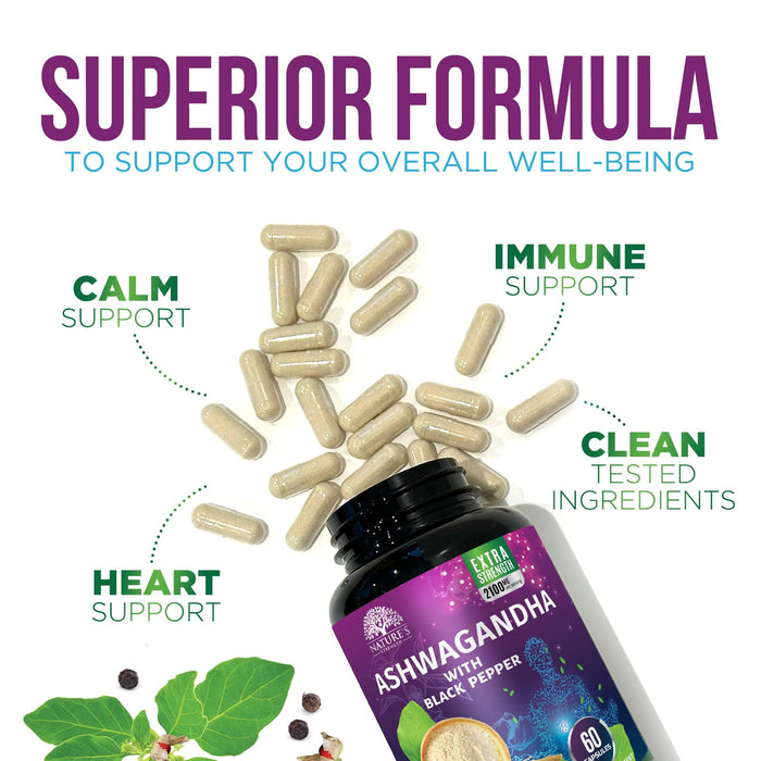 Ashwagandha 2100mg - Extra Strength with Black Pepper for Max Absorption, Ashwagandha Powder and Root Supplements for Women & Men, Antioxidant Support, Vegan, Non-GMO & Gluten Free - 60 Capsules