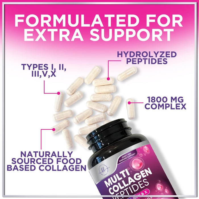 Multi Collagen Peptides Supplement - Hydrolyzed Types I, II, III, V & X Multi Collagen Pills, Hydrolyzed Collagen Peptides Supplements, Hair, Skin, Nail, and Joint Support Supplement, 120 Capsules