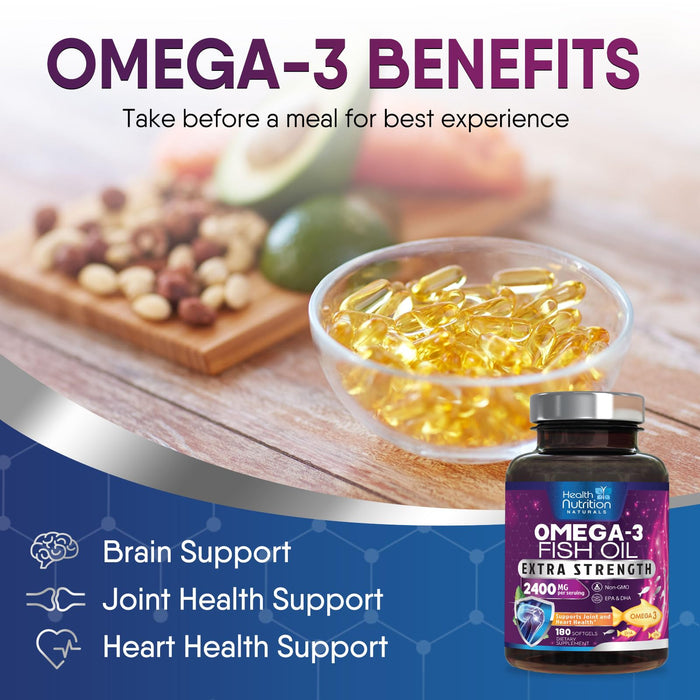 Omega 3 Fish Oil 2400 mg - Triple Strength Omega3, EPA & DHA Fatty Acids Supplement - Natural Support for Immune, Heart & Brain Health - Wild Caught, Non-GMO, Lemon Flavor, Burpless - 180 Softgels