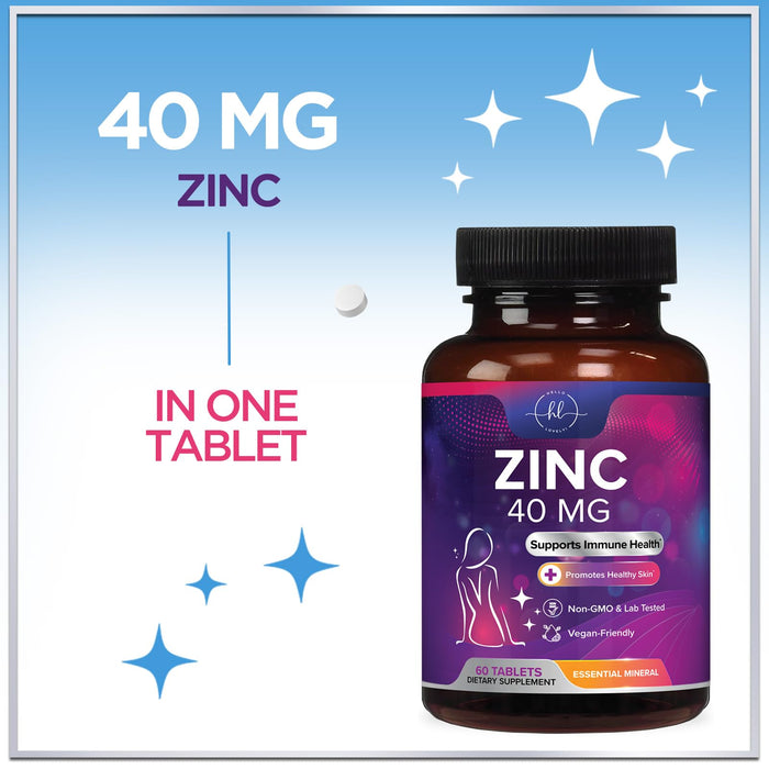 Zinc Supplements for Women and Men - 40mg Supplement for Immune Support, Skin Health Support, & Antioxidant Supplement for Adults, High Potency Zinc Gluconate 40 mg, Non-GMO - 60 Tablets