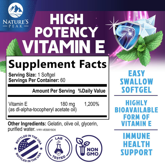 E Vitamin for Women and Men - 180 mg (400 IU) dl-Alpha - Effective Antioxidant Dietary Supplement - Hair, Skin, & Immune Health Support - Easily Absorbed Form, Non-GMO & Gluten Free - 60 Softgels