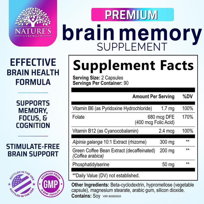 Brain Memory Supplement Pills - Nootropics Support for Concentration, Clarity, Alertness & Focus - Brain Health with Bacopa, Cognitive Vitamins, Phosphatidylserine, DMAE - Brain Booster - 180 Capsules