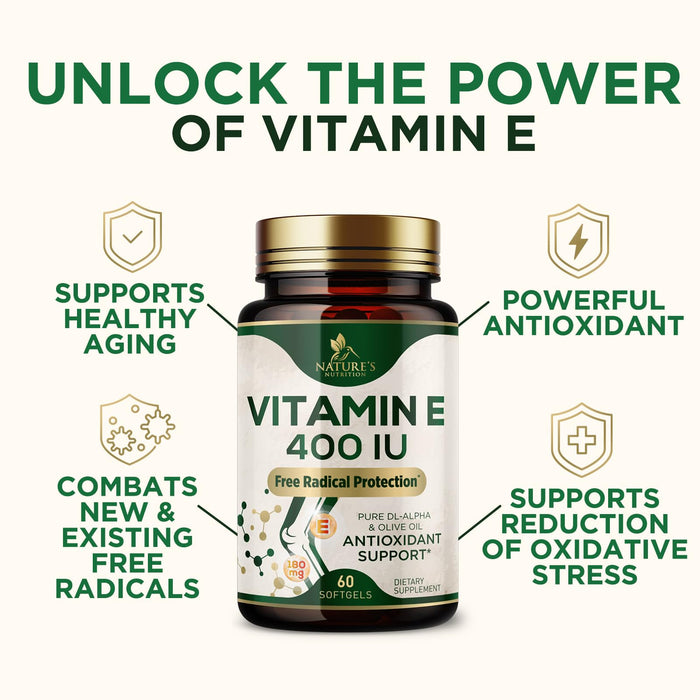 Vitamin E 400 IU Softgels (180mg DL-Alpha) for Women & Men, Supplement for Max Absorption, Nature's Antioxidant for Skin, Heart, Eye, and Immune Health Support, Dairy, Gluten & Soy Free, 60 Softgels