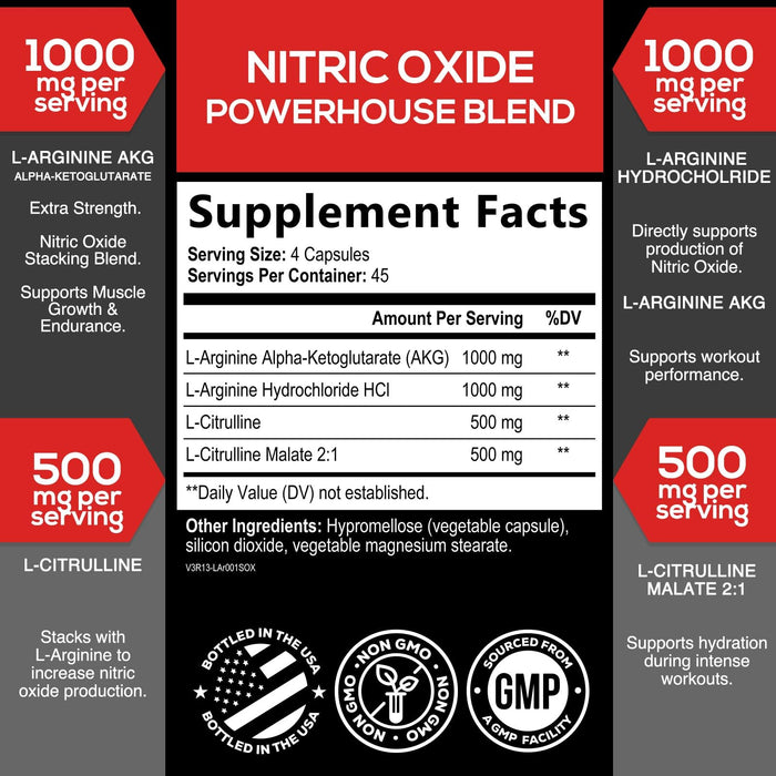 Nitric Oxide Formula with L-Arginine + Citrulline – 180 Capsules