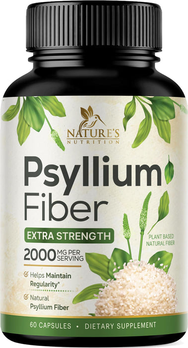 Psyllium Husk Fiber Supplement 1500mg, Natural Daily Soluble & Insoluble Fiber Pills, Psyllium Husk Powder Capsules Supports Digestion Colon Health & Regularity, Plant Based Supplement - 60 Capsules