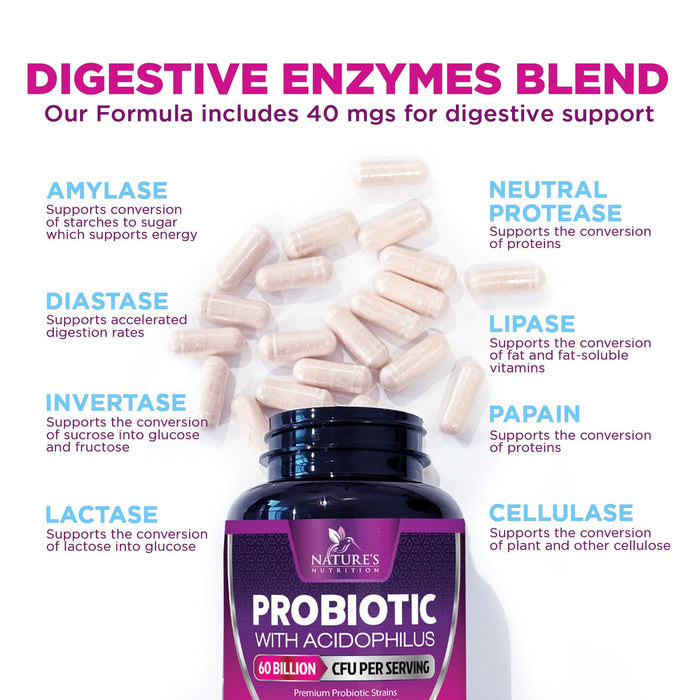 Probiotics 60 Billion CFU per Serving - 10 Strains + Prebiotics - Digestive Health, Gut & Immune Support - Supports Occasional Constipation, Gas & Bloating for Women & Men Shelf Stable - 60 Capsules