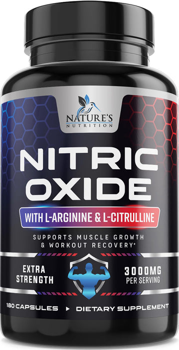 Nitric Oxide Booster Extra Strength 3000mg - L Arginine 3X Strength Nitric Oxide Supplements for Men and Women, Citrulline, Supports Muscle, Heart Health & Energy Supplement, Non-GMO - 180 Capsules