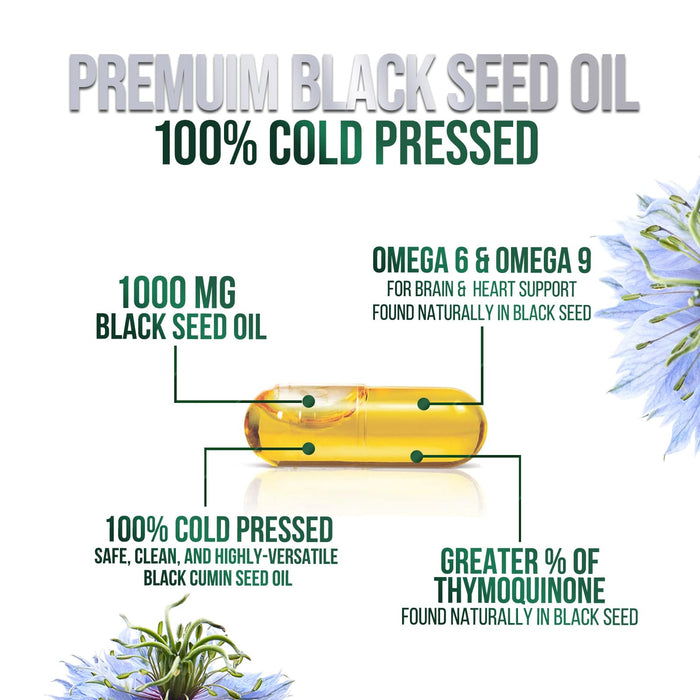 Black Seed Oil Softgels 1000mg - Premium Nigella Sativa Blackseed, Pure Natural Black Cumin Seed Oil & Antioxidant for Skin & Immune Support - Non GMO, Bottled in USA Supplement - 120 Softgels