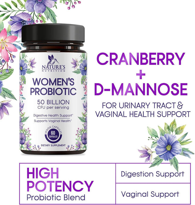 Probiotics for Women 50 Billion CFU - Digestive Health, Vaginal pH & Immune Support, Prebiotics & Cranberry, Gut Health & Urinary Support, 5 Strains, Shelf Stable Women's Probiotic - 60 Capsules