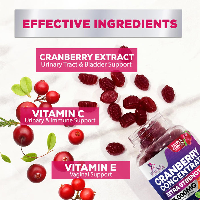Cranberry Gummies 50:1 Cranberry Extract - Urinary Tract Support Made with 25,000mg, Helps Cleanse & Protect, Cran Berry Gummy Supplement + Vitamin C, Chewable Cran Pills for Women - 120 Gummies