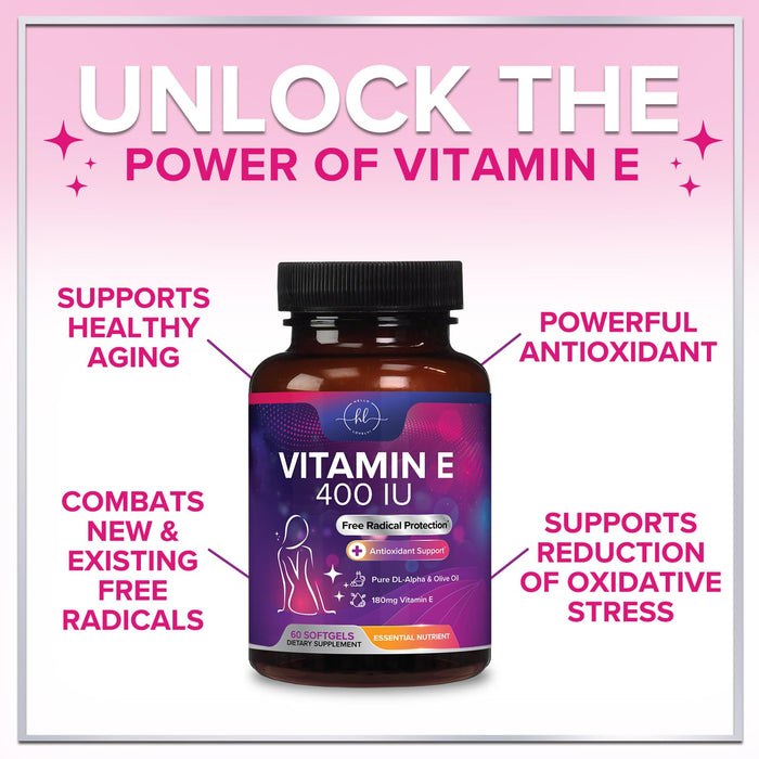 Vitamin E for Women and Men - 180 mg (400 IU) dl-Alpha - Powerful Antioxidant Dietary Supplement - Hair, Skin, & Immune Health Support - Easily Absorbed Form, Non-GMO & Gluten Free - 60 Softgels