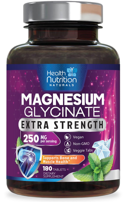 Magnesium Glycinate 250mg - 100% Chelated Magnesium for Max Absorption - Sleep Support, Muscle, Nerves, Bone & Heart Health Support, Best Mag Supplement, Vegan Non-GMO, 3rd Party Tested - 180 Tablets