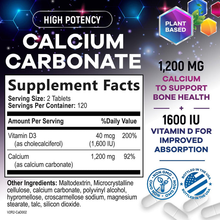 Calcium 1200 mg with Vitamin D3, Calcium Supplement Vitamins, Bone, Teeth & Immune Health Support, Calcium Supplements with D for Women & Men, Nature's Absorbable Calcium Carbonate - 240 Tablets