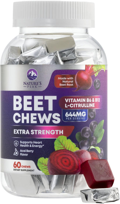 Beet Chews - Beet Root Gummies for Nitric Oxide Support, Superfood Beets Powder Soft Heart Chews, Grape Seed Extract & Non-GMO Beetroot Energy Supplement Supports Heart Health & Energy, 60 Count