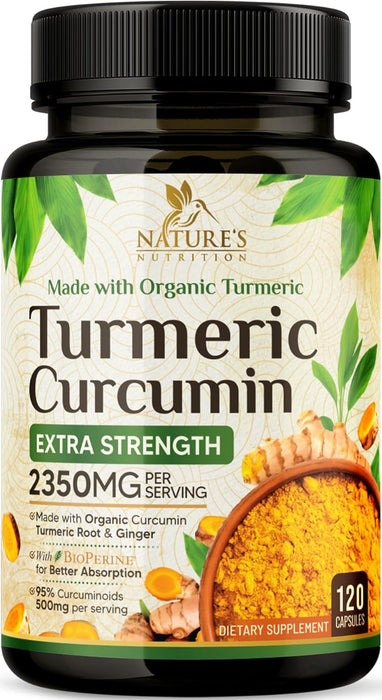 Turmeric Curcumin Supplement 1750mg with Organic Turmeric & Ginger, 95% Curcuminoids, BioPerine Black Pepper for Best Absorption, Nature's Vegan Joint Support, Non-GMO, Bottled in USA - 120 Capsules