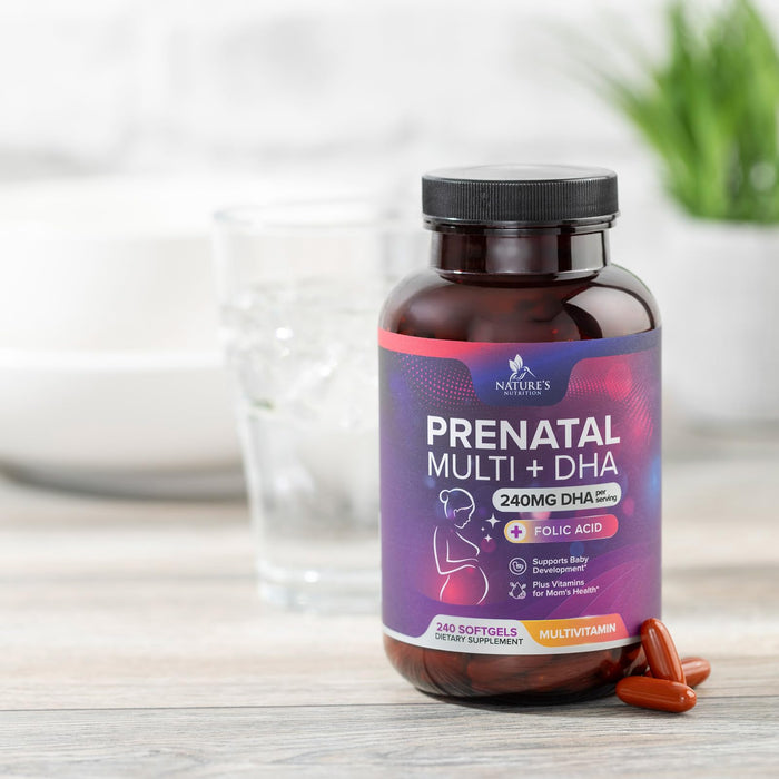 Prenatal Vitamins with Folic Acid & DHA, Fetal Brain Development Support with Folate & Omega 3's, Prenatal Multivitamin for Women, Vitamin A, C, D, B6, B12 & Iron, Pregnancy Supplement - 240 Softgels