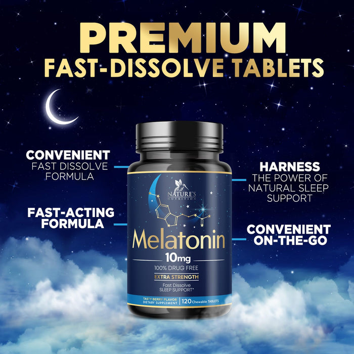 Melatonin 10 mg Fast Dissolve, Melatonin Supplements for Restful Sleep, Natural Sleep Support Supplement for Adults, Extra Strength Strawberry-Flavored Tablets, Sugar Free, 120 Tablets, 120 Day Supply