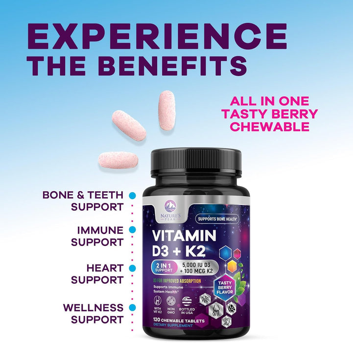 Vitamin D3 K2 - 5000 iu Vitamin D3 & 100 mcg Vitamin K2 (MK-7) Complex for Immune Support - Bone, Teeth & Muscle Health Support - Berry Chewable, Gluten Free, Non-GMO, Made in USA - 120 Tablets