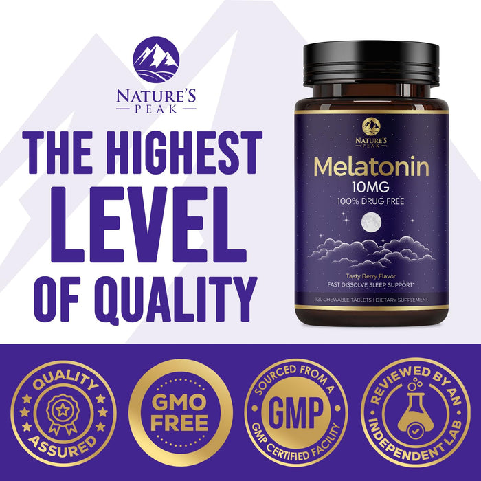 Melatonin 10mg - Sleep Support Supplements for Adults - Extra Strength Fast Dissolve 10 mg Melatonin Tablets for Restful Sleep Support, Natural Strawberry Flavor, Sugar-Free Non-GMO - 120 Day Supply