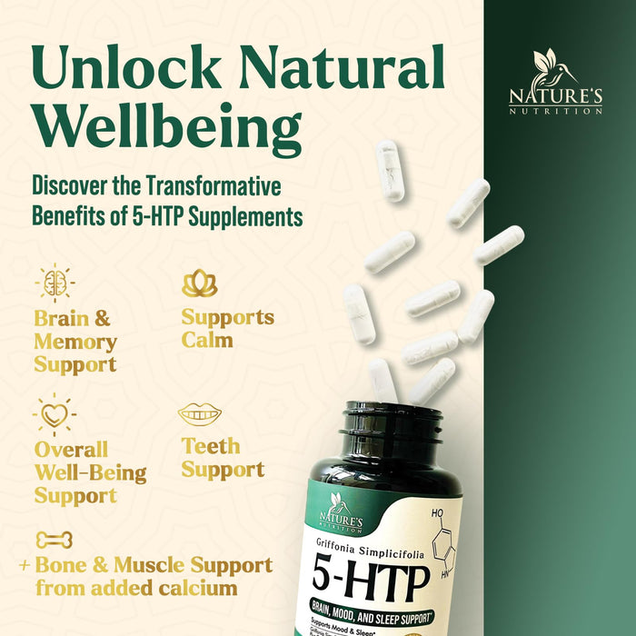 5 HTP 200mg Capsules Vegetarian Supplement - 5HTP Plus Calcium for Brain Support - Extra Strength Griffonia Simplicifolia 5-HTP Formula - 5 Hydroxytryptophan - Gluten Free & Non-GMO - 60 Capsules