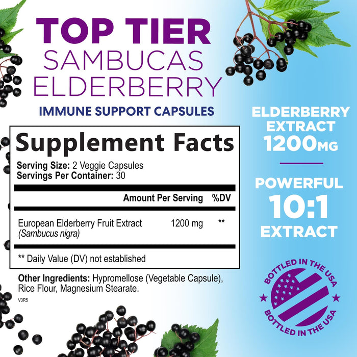 Elderberry Immune Support 1200mg Extract Capsules - Daily Immune Support for Adults with Concentrated Sambucus Black Elderberry Antioxidant - Gluten Free Vitamin, Non-GMO Supplement - 60 Capsules